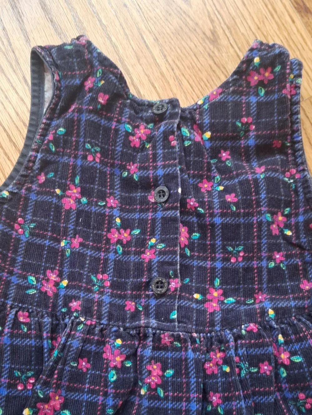 Vintage OshKosh B'gosh Blue and Pink Floral Plaid Corduroy Sleeveless Dress 5